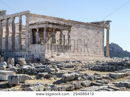 Athens, Greece - 06/23/2013 - Panoramic Background With Acropolis, Porch Of Caryatids, Erechtheum Te