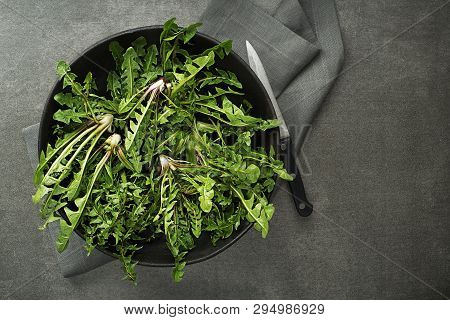 Fresh Dandelion Leaves Overhead Shoot. Healthy Natural Organic Food Concept - Image