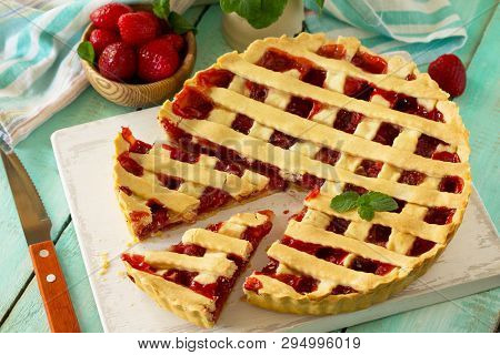 Berry Pie Summer. Sweet Pie, Tart With Fresh Berry Strawberries. Delicious Cake With Strawberries.