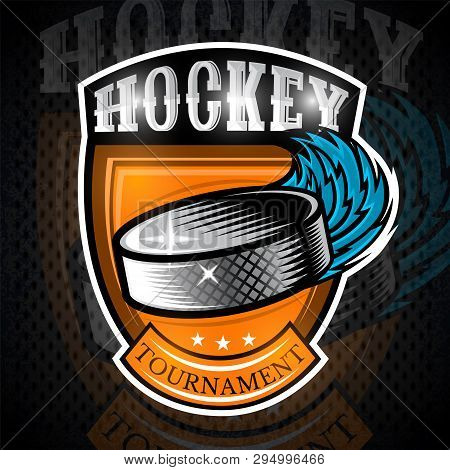 Hockey Puck With Wind Trail In Center Of Shield. Sport Logo For Any Team Or Tournament