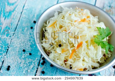 Homemade Sauerkraut With Carrot And Spices, Sweet And Sour White Cabbage