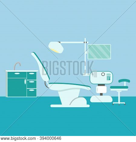 Professional Dentist Workplace Chair And Tools Dental Room Cabinet Tooth Care Concept Modern Clinic 