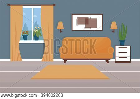 Modern Interior In Bright Colours With Lamp, Cozy Sofa, Window Stock Vector Illustration. Elegant Ro
