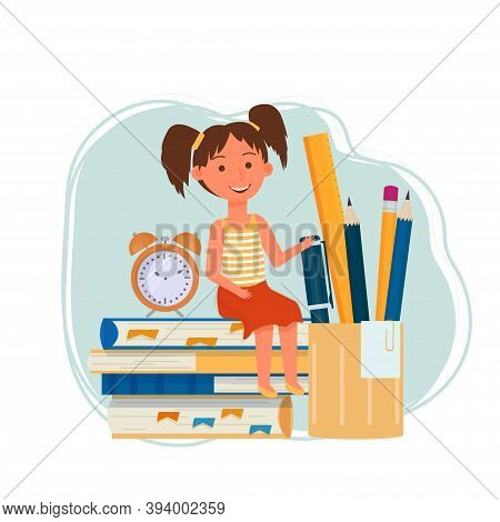 Composition With Sitting Girl, Kid, Books, Pen, Pencil, Ruler, Alarm Isolated On White Background St
