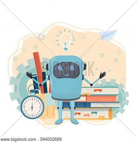 Work Place For Online Courses, E-learning, Education With Books, Alarm, Monitor With Robot Isolated 