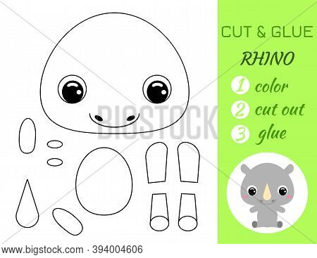 Simple Educational Game Coloring Page Cut And Glue Sitting Baby Rhino For Kids. Educational Paper Ga