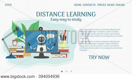 Distance Learning Landing Page, Web Template Stock Vector Illustration. Composition With Books, Moni