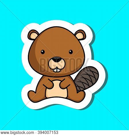 Cute Cartoon Sticker Little Beaver Logo Template. Mascot Animal Character Design Of Album, Scrapbook