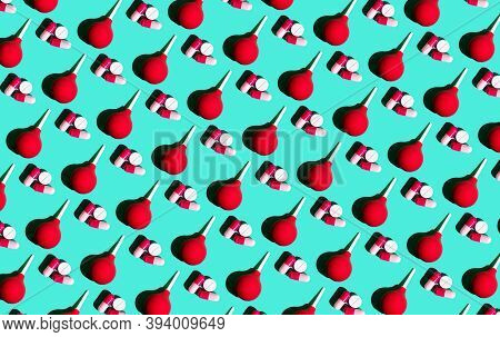 Seamless Medical Pattern From Multi-colored Pills, Medicines, Medical Enemas.