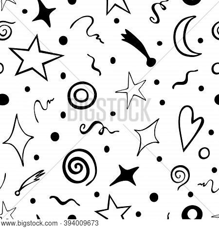 Magical Seamless Pattern Of Stars, Swirls, The Moon, Comets, And Various Circles.vector Doodle Illus