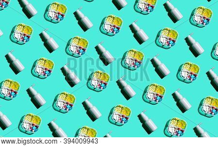 Seamless Pattern From Box For Pills And Throat Spray. View From Above