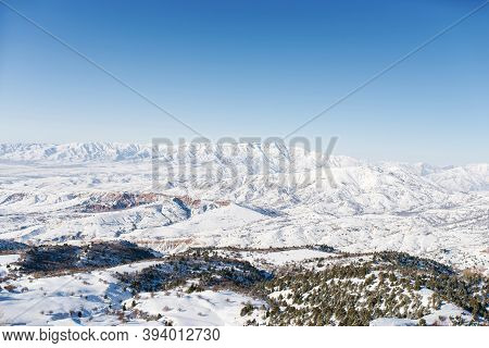 Beautiful Incredible Winter Panorama Of The Tien Shan Mountains In Uzbekistan In The Beldersay Ski R