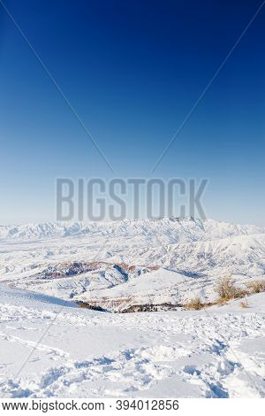 Beautiful Landscape Of Different Mountains Of Beldersay In Sunny Clear Weather With Blue Sky