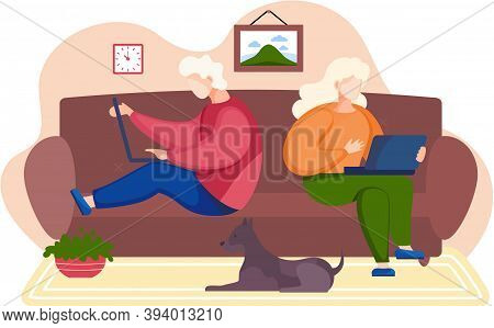 People Sitting On The Sofa, Holding A Laptops. Relaxing At Home Concept Vector Flat Design. Young Fa