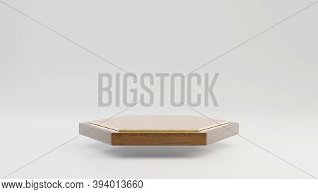 Levitating Hexagon Wooden Podium With Gold Top Isolated On White Background. 3d Rendered Minimalisti