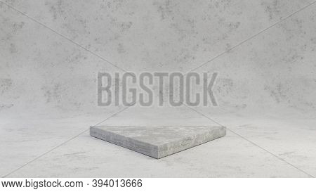 Concrete Pedestal Isolated On Grey Cement Background. 3d Rendered Minimalistic Abstract Background C
