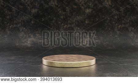 Golden Round Podium Isolated On Black Metal Background. 3d Rendered Minimalistic Abstract Background
