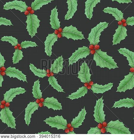 Christmas Seamless Pattern With Holly.watercolor Handmade Clipart