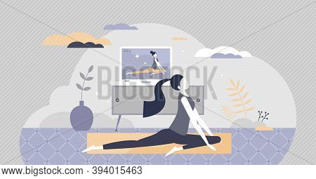 Online Yoga Exercise With Distant Instructor Training Tiny Person Concept. Body Stretching Activity 