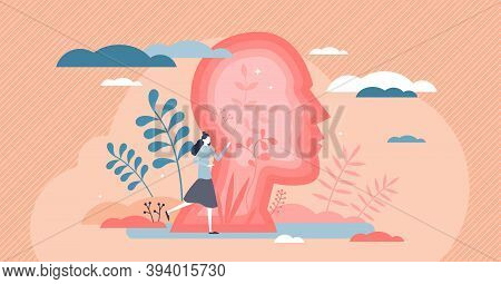 Inner World With Woman Personal Emotions Or Psychological State Tiny Person Concept. Feeling Inside 
