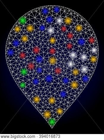 Glowing Network Map Pointer With Glowing Spots. Illuminated Vector Model Based On Map Pointer Icon. 
