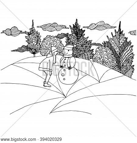 Girl, Snowman, Tree, Doodle, Coloring Sheet, Monochrome, Hand Drawn, Ink, Winter, Design Element, St