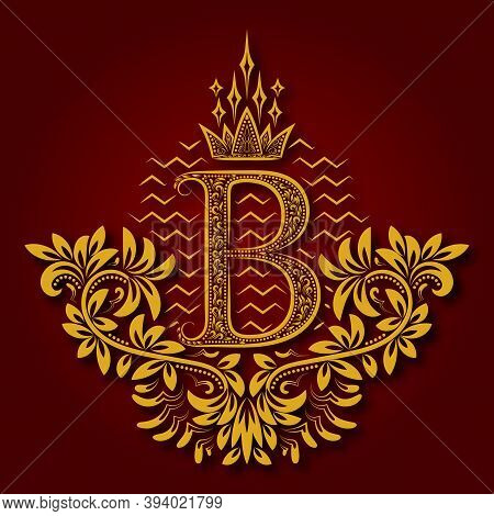 Letter B Heraldic Monogram In Coats Of Arms Form. Vintage Golden Logo With Shadow On Maroon Backgrou