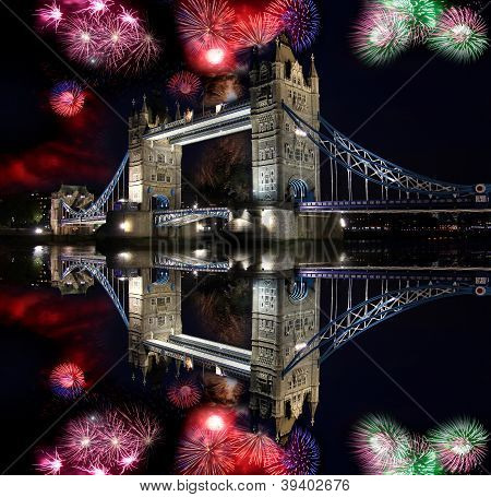 Tower bridge with firework, celebration of the New Year in London, UK