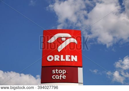 Advertising Pylon For Gas Station And Cafe. Orlen Oil Company Sign. Sieganów. Poland. May 20, 2020.s