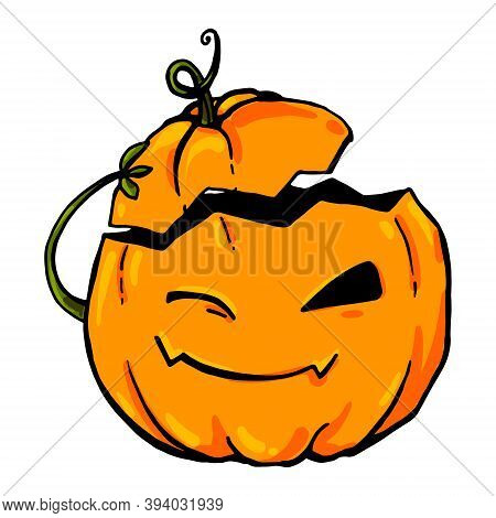 A Bright Rich Vector Pumpkin Winks And Takes Off Its Hat As A Greeting. Illustration Isolated On Whi