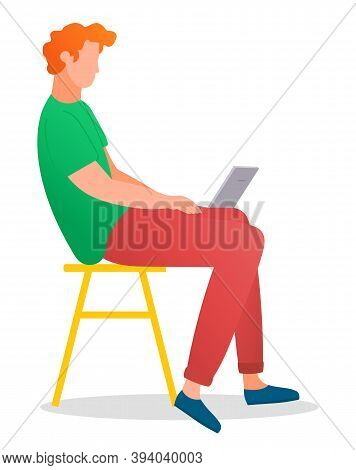 Man Sitting On The Tabouret And Working With Laptop In Social Networks Isolated On White. Redheaded 