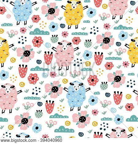 Sheep With Abstract Elements, Herbals And Flowers Colorful Seamless Pattern In Scandinavian Style Ve
