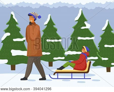 Father And Daughter On A Winter Walk. Man Sledding A Child. Family Members Walking Together In Cold 