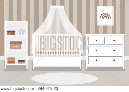 Cute Nursery Interior Design In Scandinavian Style Flat Vector Illustration. Cozy And Warm Baby Room