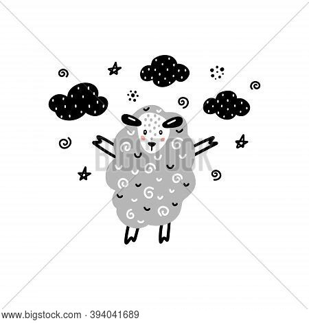 Sheep With Clouds, Stars And Abstract Elements Around Nursery Monochrome Poster In Scandinavian Styl
