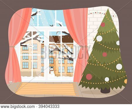 Christmas Room Interior. Christmas Tree With Holiday Decoration And Fairy Lights. Cozy Home Holiday.