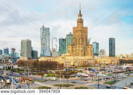 Warsaw, Poland - February 2, 2020: Urban traffic street view in Warsaw, Poland