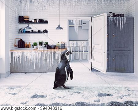Open door fridge  and penguin in the frosen kitchen interior. 3d  and photo conceptual illustration