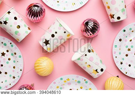 Disposable Paperware For The Holiday And Shiny Balls, Eco Plates And Glasses