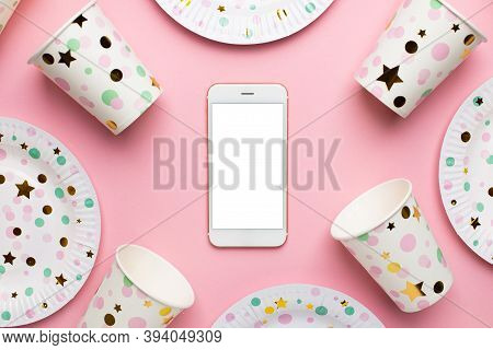 Paper Plates, Glasses And Mobile Phone On Pink Pastel Background, Disposable Paperware For Holiday A