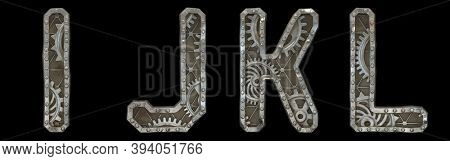 Mechanical alphabet made from rivet metal with gears on black background. Set of letters I, J, K, L. 3D rendering