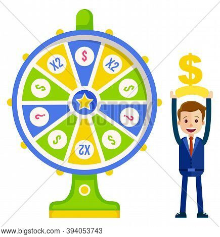 Game Fortune Wheel Concept. Man Playing Risk Game With Fortune Wheel And Lottery. Casino And Gamblin