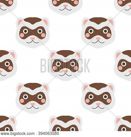 The Face Of A Ferret. Vector Seamless Pattern On A White Background, Cute Children's Illustration