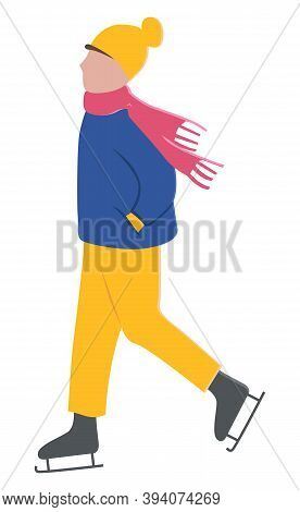 Character Wearing Winter Clothes Warm Hat And Knitted Scarf Walking In Skating Boots. Active Lifesty