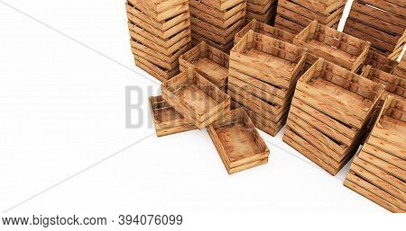 3d Render Of Wooden Crates Stack Isolated On White Background. Empty Wooden Crates
