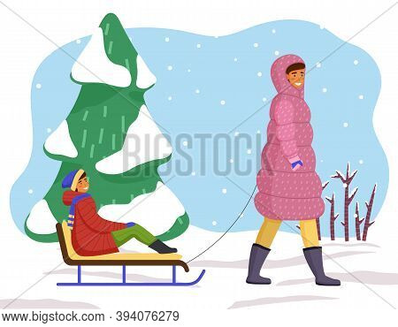 Mother And Daughter On A Winter Walk. Woman Sledding A Child. Family Members Walking Together In Col