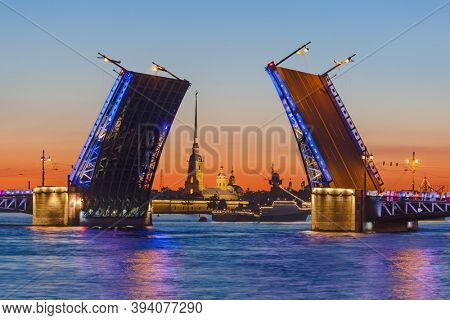 Neva river and open Palace (Dvortsovy) Bridge - St. Petersburg Russia