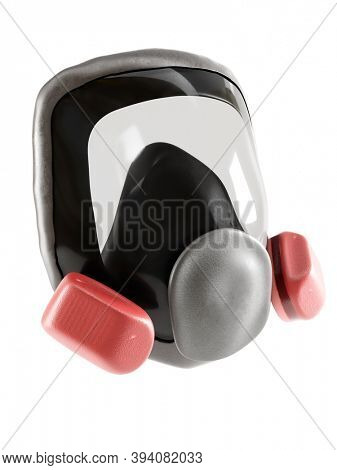 3D rendering of full facepiece respirator with interchangeable filter cartridges shot over white