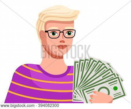 Money And Savings Concept. Financial Plan Of A Young Man. Cartoon Character Holding A Lot Of Paper B