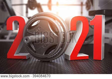 2021 New Year  in gym. Number 2021 with barbell and oter spoirt equipment. Bodybuilding workout fitness concept. 3d illustration 